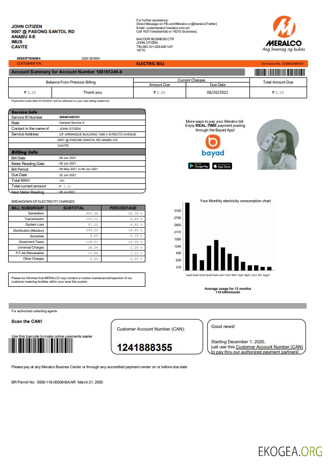 Philippines Meralco electricity utility bill template in Word and PDF format, version 2